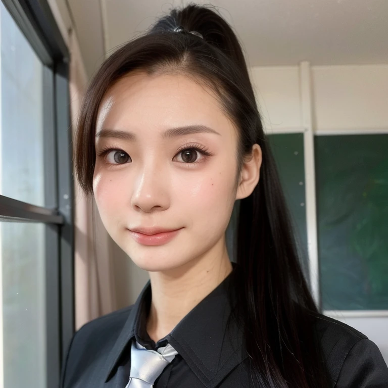 (kawaii 24 year-old Japanese girl, Nogizaka idol, Korean idol), (glossy black hair, high ponytail, center ponytail, single ponytail:1.3), (rounded face, single eyelid, no makeup, soft smiling:1.2), forehead, (wearing collared shirt, necktie:1.3), (well sha...