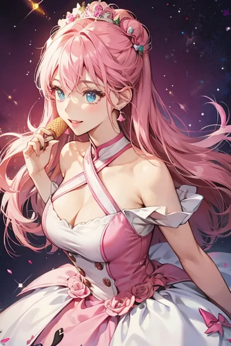 She looks like a pink ice cream scoop on top of a darker pink ice cream scoop on top on an ice cream cone. She wears a name tag on the left side of her chest which says "Ann."  SPARKLE; GLITTER