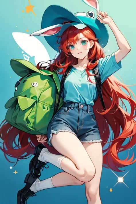 She is a red-haired human . As a cosplayer, she wears an outfit which mimics Fionnas, consisting of black shoes, white long socks, blue shorts, a blue shirt, a green backpack, and a white hat with bunny ears. SPARKLE; GLITTER