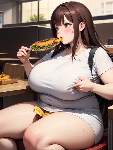 (a brown-haired, 250 kg fat) girl eating fast food