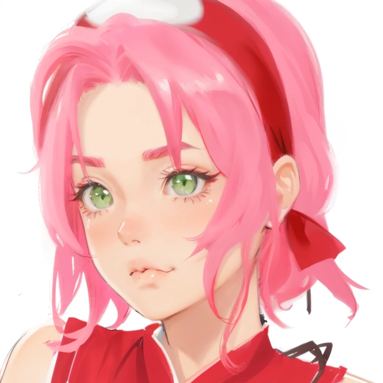 sakura, pretty detailed face, green eyes, wearing red head band, pink hair, soft look, pouting, red ninja dress