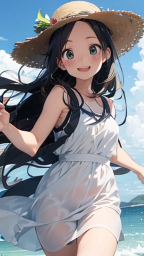 highest quality、realistic、Japanese、girl、whole body、look at the camera、cute、Green eyes、long hair、black hair、all back、Forehead is coming out、sleeveless dress、seaside、straw hat、blown by the wind、joy、smilingly