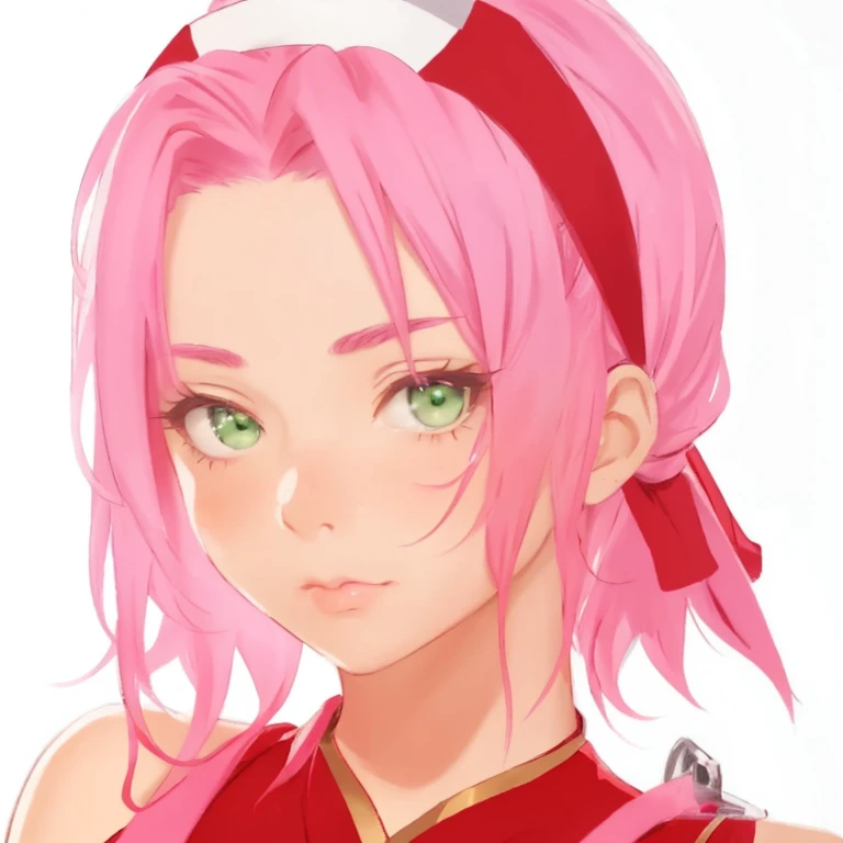 sakura, pretty detailed face, green eyes, wearing red head band, pink hair, soft look, pouting, red ninja dress