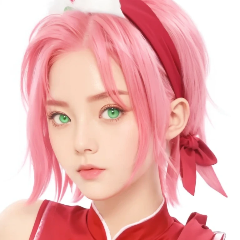 sakura, pretty detailed face, green eyes, wearing red head band, pink hair, soft look, pouting, red ninja dress