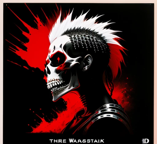 masterpiece, ultra detailed, best quality, uhd, 4k, 8k, duotone, portrait, 1man, scull, mohawk, wide open mouth, fangs, skeleton, neck, shoulders, side view, predator, "EXPLOITED" is written on top, "LETS START A WAR..." is on bottom, illustration, (((red ...