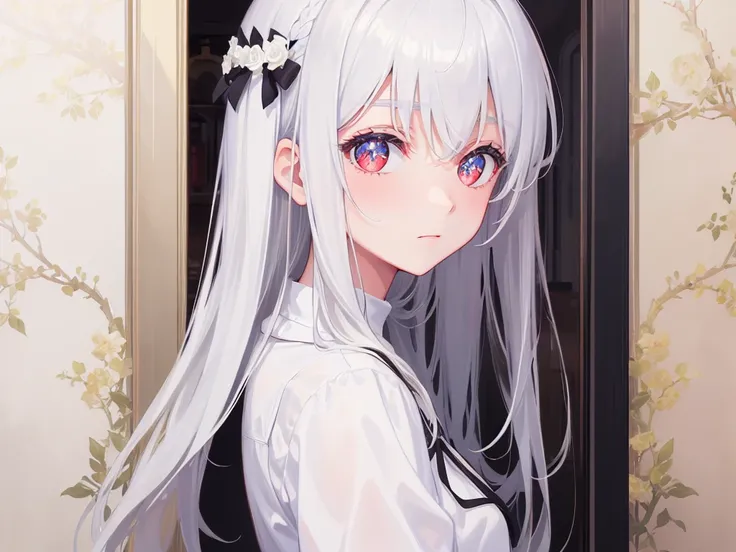 ((masterpiece, best quality))++, Detail lights+,  detail hair+, Detail hand+ ,1 girl, Honey, long gray hair,   dark red eyes,  beautiful eyes, Young gray hair,,(beautiful white hair:1.5),(beautiful eyes),    high resolution+,   black stockings  ， a white p...