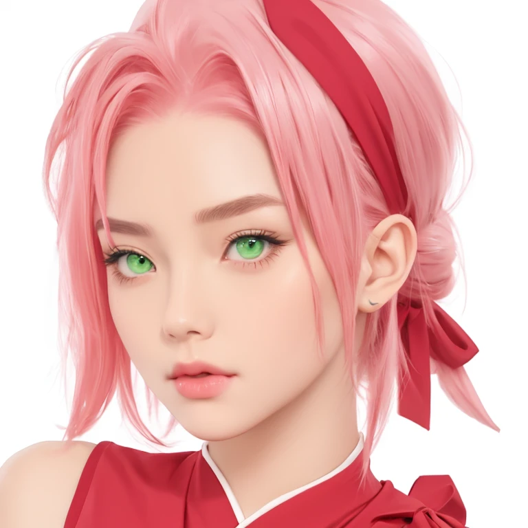 sakura, pretty detailed face, green eyes, wearing red head band, pink hair, soft look, pouting, red ninja dress