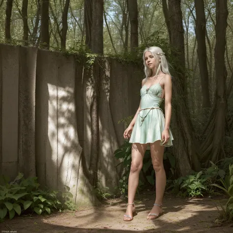 Un frondoso bosque con rayos de sol que hacen resplandecer a las flores y plantas silvestres, In the middle of the landscape there is a teenage girl with the appearance of a wingless fairy with waist-length white hair which shines in the sunlight. She must...