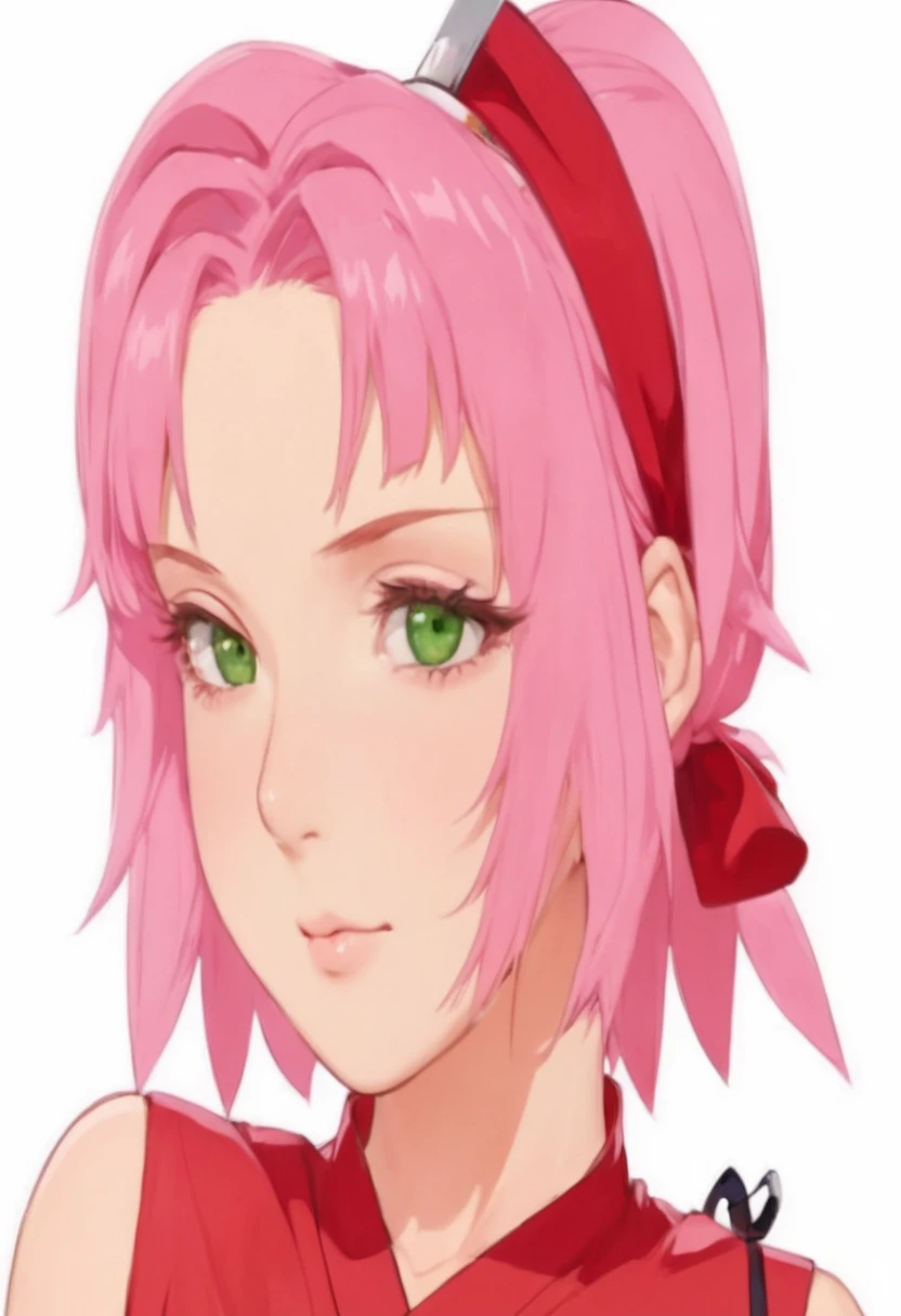 sakura, pretty detailed face, green eyes, wearing red head band, pink hair, soft look, pouting, red ninja dress