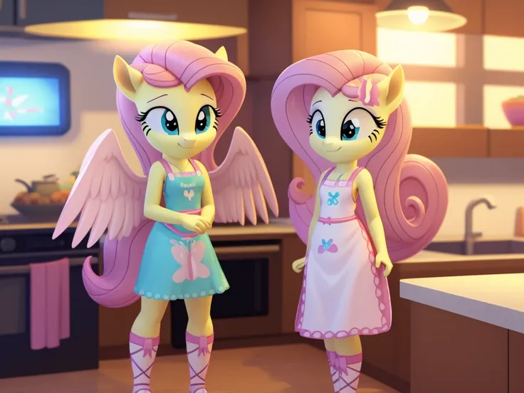 an anthropomorphic young fluttershy, wearing an very small apron, spread wings, open arms, standing, waiting in the kitchen, you...