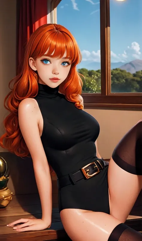 IFOM, masterpiece, Best quality, Ultra detailed, beautiful lighting, 1 girl, orange hair, green eyes, freckles, turtleneck, I look at the viewer, in black stockings with a belt