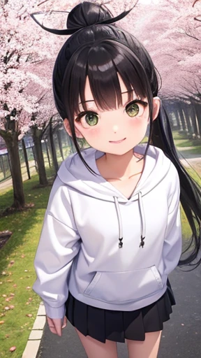 highest quality、realistic、Japanese、girl、zoom、look up、cute、Green eyes、ponytail、black hair、all back、Forehead is coming out、playground、long hoodie、long skirt、sneakers、stroll、Cherry blossom trees、joy、smilingly