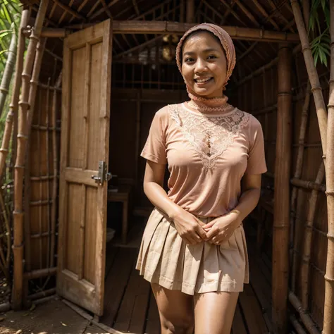 A 52 years old Indonesian woman in peach color hijab, wearing peach color lace tight t-shirt, wearing very short peach color lace pleated skirt, villager, poor woman, darker skin, curvier body, short body, smiling and standing in the old bamboo cabin in a ...