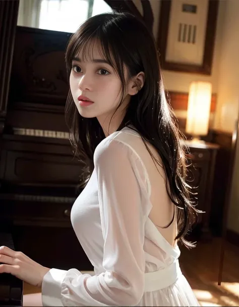 (1 girl)、best quality、masterpiece、ultra high resolution、(Photo realism:1.4)、original photo、practice room.黑色upright piano.1 girl、wet hair、Sweat、breast、long sleeve,、White tulle、portrait、shadow、octane rendering、8K、Super sharp、silk pajamas、Delicate silk detail...