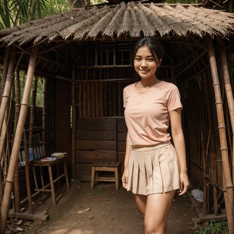 A 18 years old Indonesian woman in peach color hijab, wearing peach color lace tight t-shirt, wearing very short peach color lace pleated skirt, villager, poor woman, darker skin, curvier body, short body, smiling and standing in the old bamboo cabin in a ...