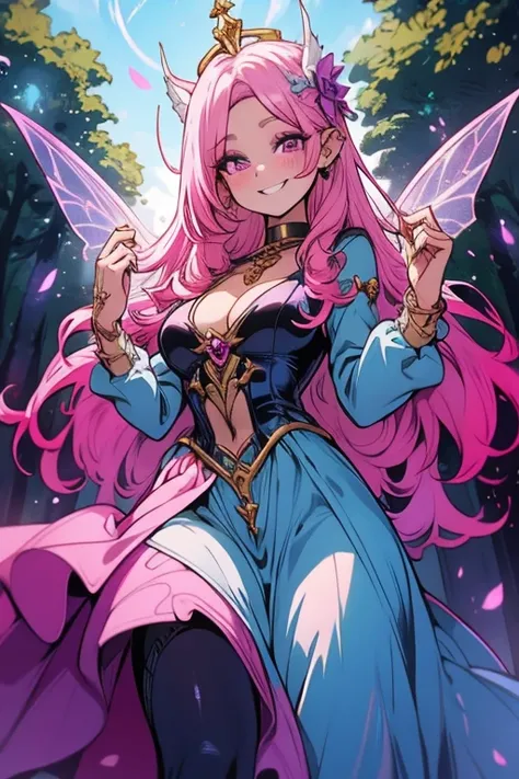 A pink haired female fariry with violet eyes with an hourglass figure wearing a gorgeous conservative fairy gown in an enchanted forest is posing with a smile