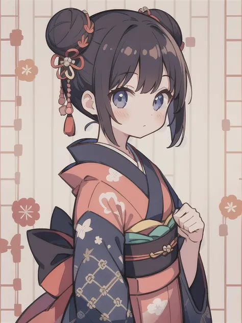 1girl, kimono, (bun:1.1), look at viewer, (Japanese pattern background:1.4),