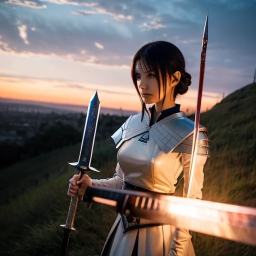 anime　fate zero　Saber&#39;s　Cosplayed　Beauty　I can see the whole body　The holy sword Excalibur　ready　The background is　A lot of swords　Stabbed　at dusk　top of the hill　The breeze is blowing　