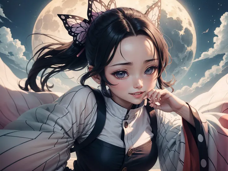 shinobu, Kimetsu no Yaiba manga, 1 girl, smile gently, play with butterflies, dynamic angle shot, ultra detailed, ((hyper realistic)), glittering, moon light, RAW photo,