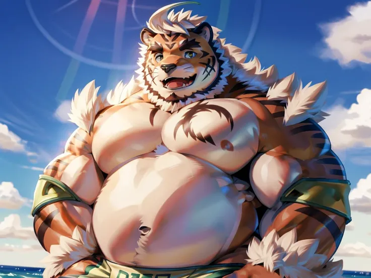 hombretigre, solo, (Sombreado suave), 4k, cualquier cosa, ((detallado face, detallado eyes, detallado)), (cuerpo completo), por zackary911, por zaush, (by personalami:0.5), ring de boxeo, muscular, muscular male, bara, (Rechoncho), stomach, Ojos verdes, po...