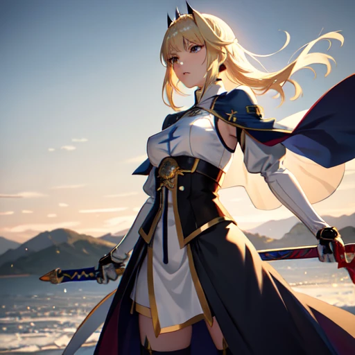 Anime style Saber from Fate Zero, blonde beauty cosplay, whole body visible, holy sword Excalibur ready, massive background, Twilight Hill, gently blowing twilight breeze, stabbed by a sword.

Ultra-detailed, realistic, 4K render, HDR, UHD, atmospheric, cl...