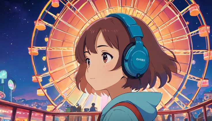 closed eyes kawaii Girl listening to music close up face, Background in a Ferris wheel, Wear headphones, at night, Neon landscape on a starry sky, Analog Color Theme, Lo-Fi Hip Hop , retrospective, flat, 2.5D ,Draw a line, Ink Drawing, Large slope, Waterco...