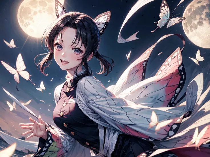 shinobu, Kimetsu no Yaiba manga, 1 girl, smile gently, play with butterflies, dynamic angle shot, ultra detailed, ((hyper realistic)), glittering, moon light, RAW photo,