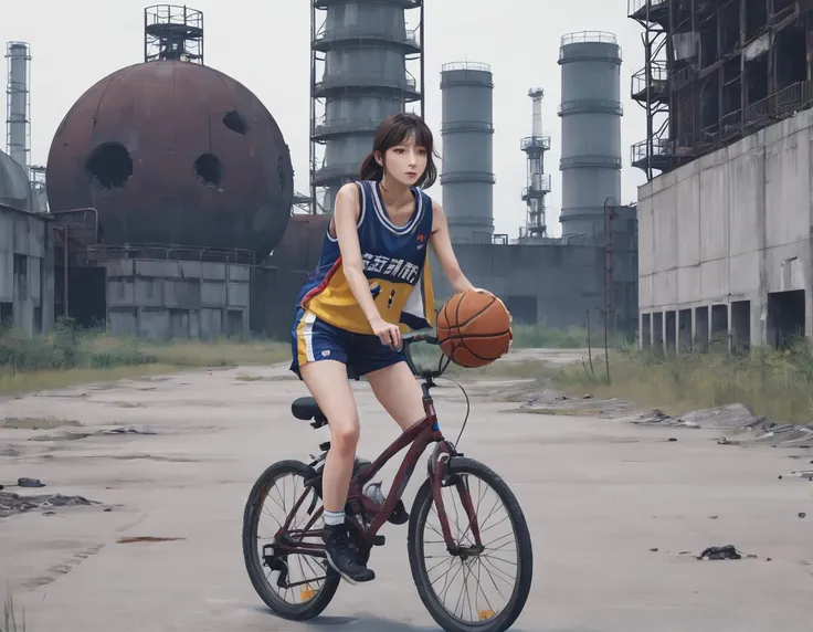 sst, A girl riding a bicycle, at an abandoned petrochemical site, basketball uniform, short shorts, 