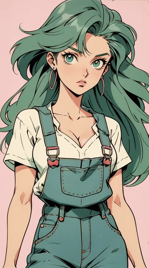 anime girl, 90s anime, vintage classic anime aesthetic, pink overalls, white shirt, short overalls, long green hair, cleavage, dinamic poses