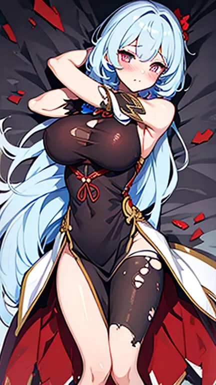 Broken cheongsam，Broken black，huge breasts，blush，Gently gasp，damaged clothes，holes in clothes，Battle damage，seriously injured