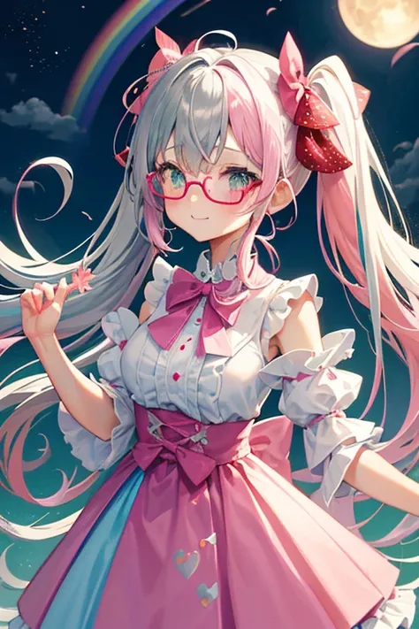 (rainbow colored hair, Glasses、colorful hair, half silver、half pink hair: 1.2), ,long hair、(Cinematic digital artwork: 1.3), high quality, table top, Turquoise eyes、最high qualityの, Super detailed, figure, [4K digital art]!!、 Kyoto animation style, one woma...