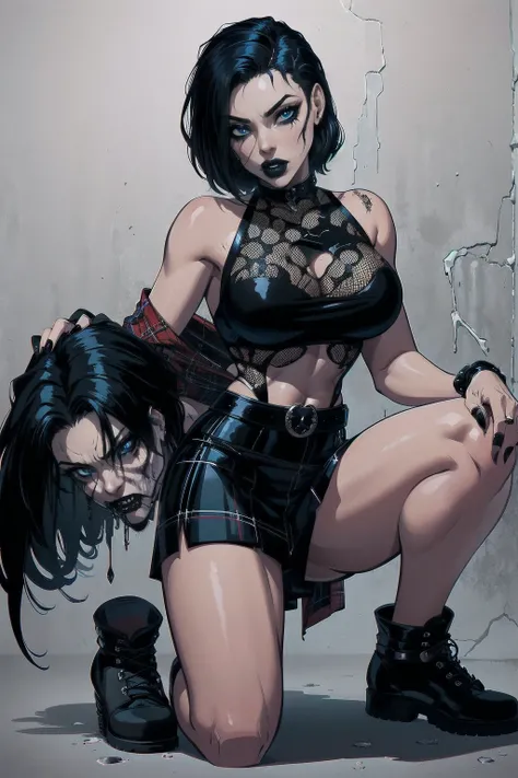 a woman with short black hair, hair on shoulders,  wearing a black cropped  and plaid skirt, blue eyes, zombie art, gothic art, cute aesthetic with vibe, toon aesthetic, wearing red costume, wearing gothic accessories, look like Cassie Hack, whole body, on...