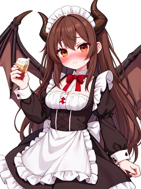 A girl with brown hair and brown eyes White horns and a dragon&#39;s tail Cute white Confused blushing maid