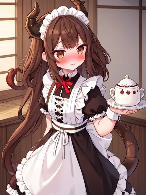 A girl with brown hair and brown eyes White horns and a dragon&#39;s tail Cute white Confused blushing maid