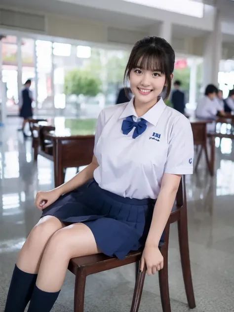 Thai girl, 20 years old, white skin, bobbed short hair, tie a blue bow in the hair, whitesocks,  blackshoes, smiling, ((large breasts, plump figure, sitting on chair,  Thai school uniform)), Shopping mall blurry 
 background, 
Day time, rim lights, 