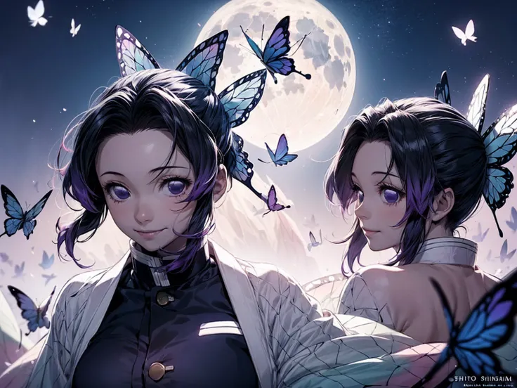 shinobu, Kimetsu no Yaiba manga, 1 girl, smile gently, play with butterflies, dynamic angle shot, ultra detailed, ((hyper realistic)), glittering, moon light, RAW photo,