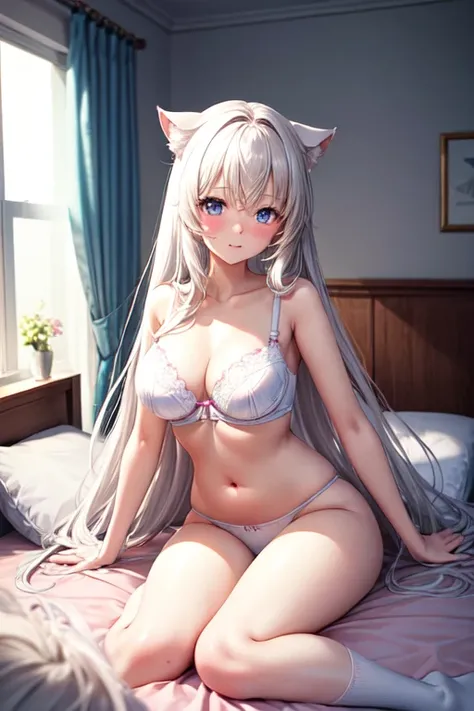 A beautiful anime Neko girl. She has long white hair that covers her ears and white cat ears. The girl has light blue eyes and a slight blush runs across her face. She has medium breasts and large thighs. The girl is only wearing a tight white bra, tight w...