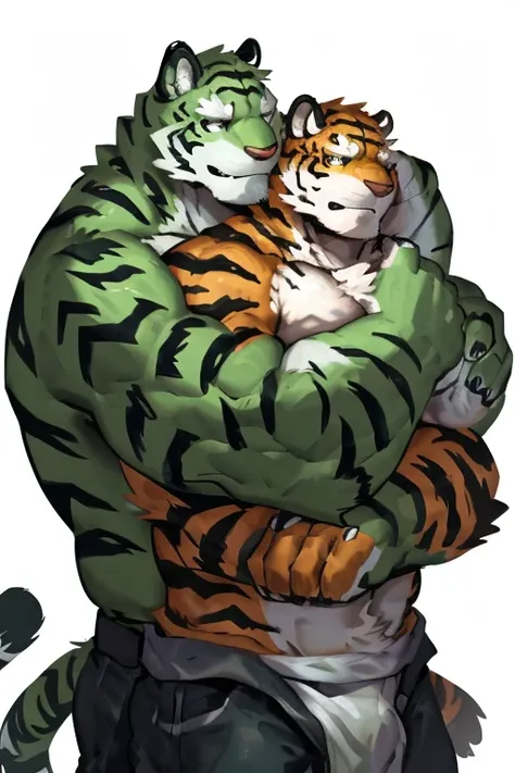 two muscular tiger , furry chest, muscular green tiger hug muscular tiger back, muscular green tiger stand behind, hug from behind, white background, perfect hand, thick furry neck and chest fluff, hand behind head, side view by lindong, by nullghost, fron...