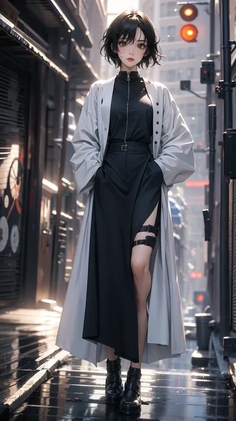 ((Highly detailed CG unit 8k wallpaper, masterpiece, High resolution, highest quality, highest qualityのリアルテクスチャスキン)), ((Hands in pockets pose:1.5, fashion pose:1.2, A cool NY fashion girl influenced by nostalgic and inorganic mode fashion., detailed costum...