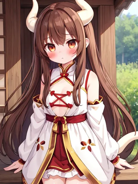 A girl with brown hair and brown eyes White horns and dragon tail Cute white Confused blush in neko costume