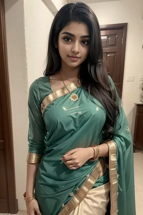 lovely cute young attractive indian girl, brown eyes, gorgeous actress, 23 years old, cute, an Instagram model, long blonde_hair, colorful hair, winter , Indian, wearing light green net saree and half sleeve black net blouse