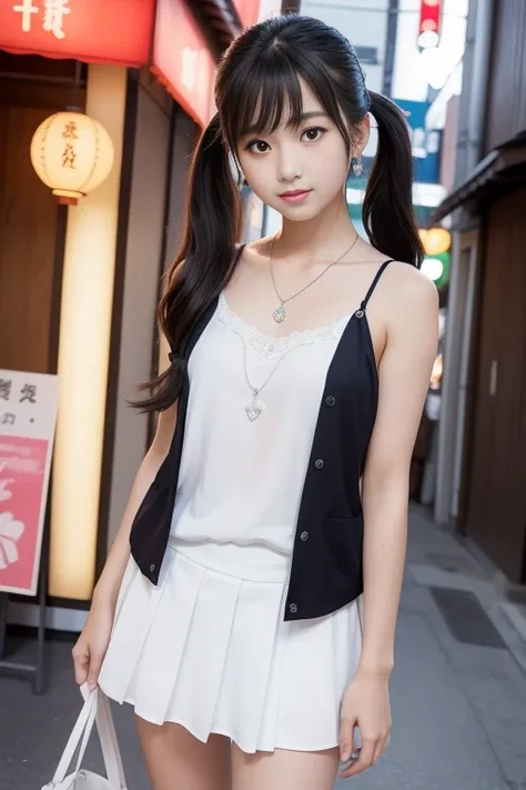 Girl wearing a camisole for a photo, Two beautiful japanese girls、 14 years、neon street stand、, gorgeous japanese model, long twin tails、diamond necklace、earrings、Lovely lady, japanese goddess, gorgeous young japanese woman, japanese girl, white camisole、m...