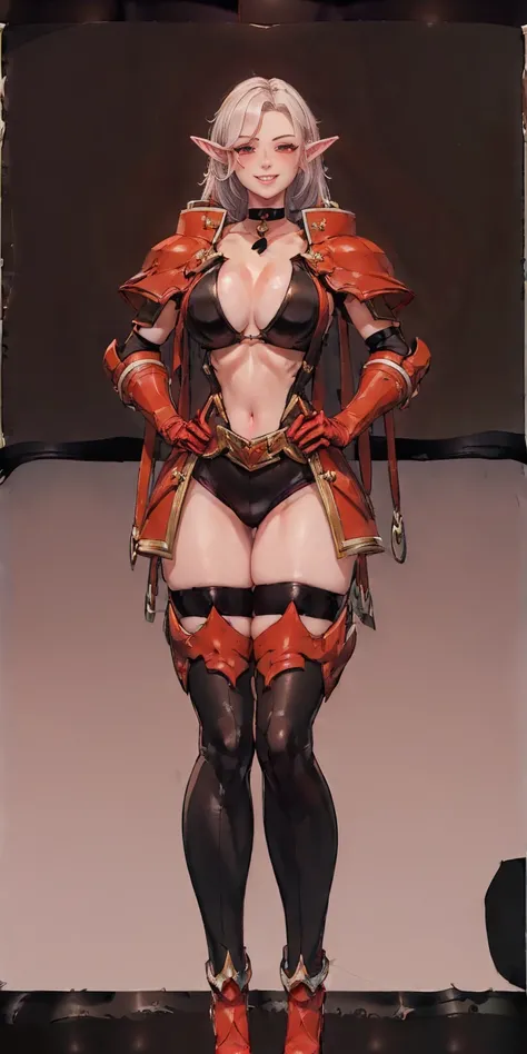 ((BLACK BACKGROUND1:2)) masterpiece, best quality, high quality, 1solo white SKIN elf, long hair, white hair, white eyes, full body, black bikini, looking at viewer, shiny, black thighhighs, high boots,shoulder armor, faulds, poleyn, gloves, gauntlets, FEE...