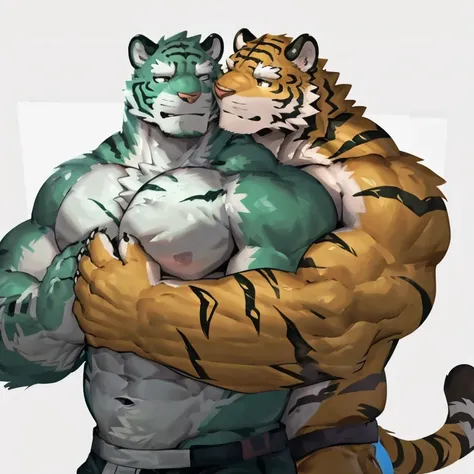 two muscular tiger , furry chest, muscular green tiger hug muscular tiger back, muscular green tiger stand behind, hug from behi...