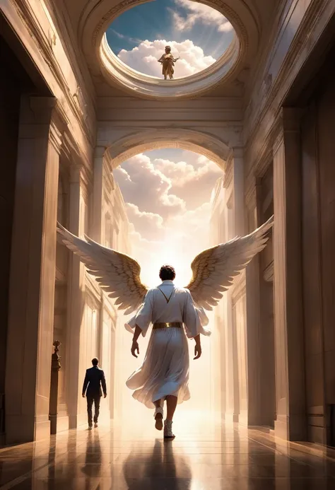 Male angel with wings walking in the cloud hallway with another man going to the door