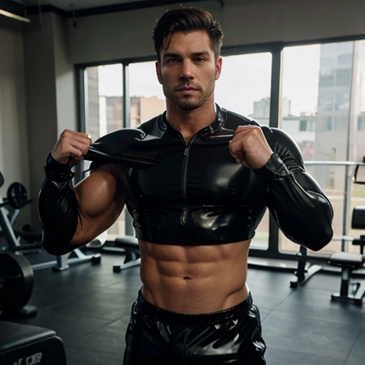 Homem Bodybuilder, in black latex shorts, showing off your muscles at the gym.