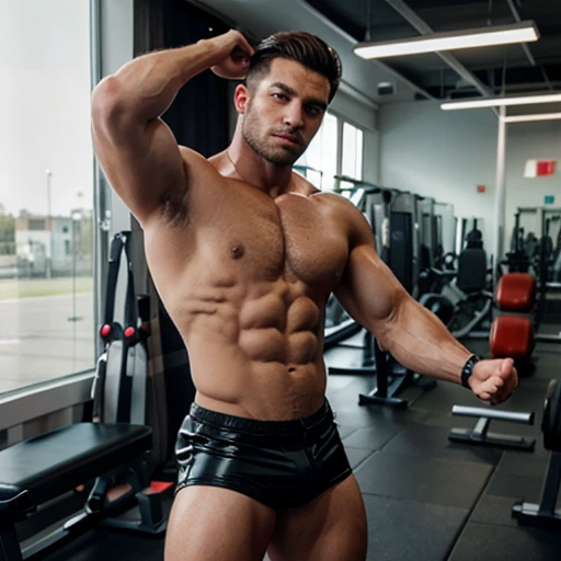 Homem Bodybuilder, in black latex shorts, showing off your muscles at the gym.