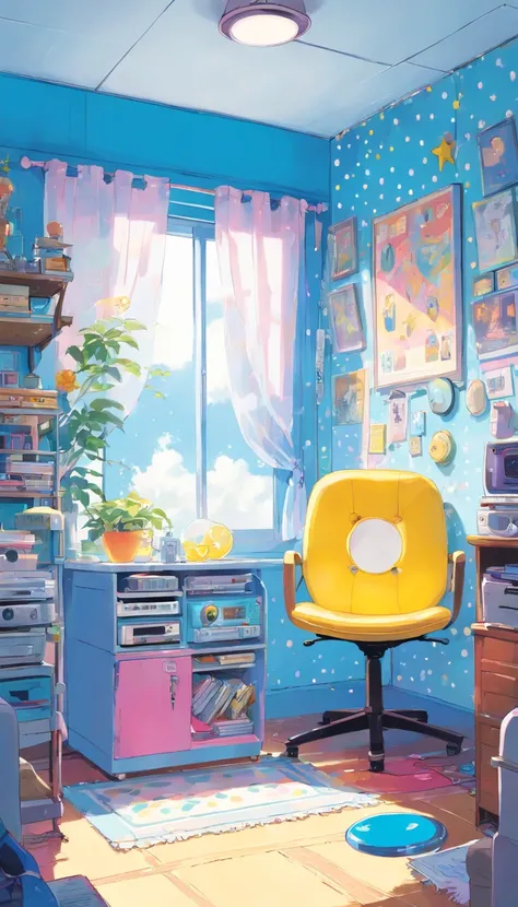 messy room、pink、computer、light bulb、window、Chair、curtain、retro、80s 80s Neon Colors、pastel colour、(((Blue and white room)))、Polka dot pattern、lemon、80sパターン、Round pattern、、Dot pattern、light blue and white