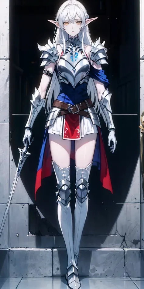 masterpiece, best quality, high quality, 1solo white SKIN elf, long hair, white hair, yellow eyes, full body, def_effie, blue breastplate, looking at viewer, shiny,armor, thighhighs, high boots,shoulder armor, faulds, poleyn, gloves, gauntlets