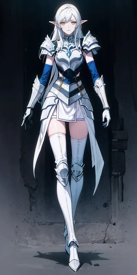 masterpiece, best quality, high quality, 1solo white SKIN elf, long hair, white hair, yellow eyes, full body, def_effie, blue breastplate, looking at viewer, shiny,armor, thighhighs, high boots,shoulder armor, faulds, poleyn, gloves, gauntlets